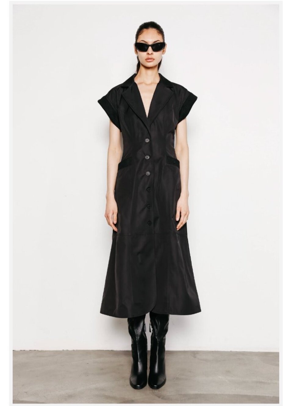 Du Paradis Millie Rib Trim Midi Shirt Dress Womens Black Medium VNeck Cap Sleeve